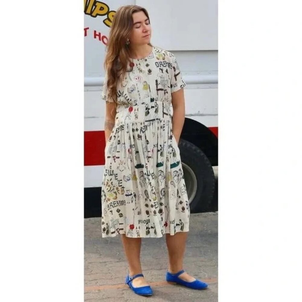 Caron Callahan Rosie cream doodle print dress Size Medium - Picture 3 of 5